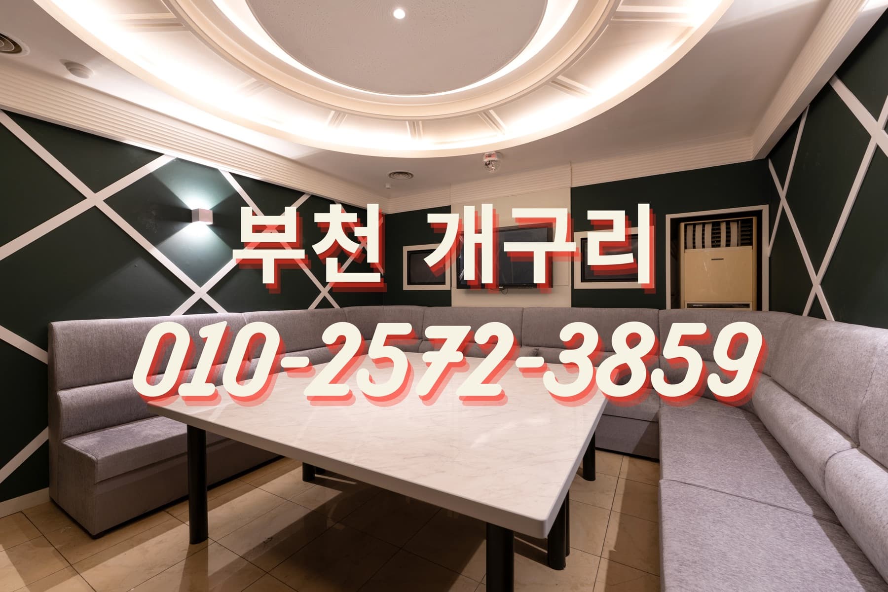부천 가라오케 개구리 단체룸, 원형 천장 조명과 그린 패턴 벽